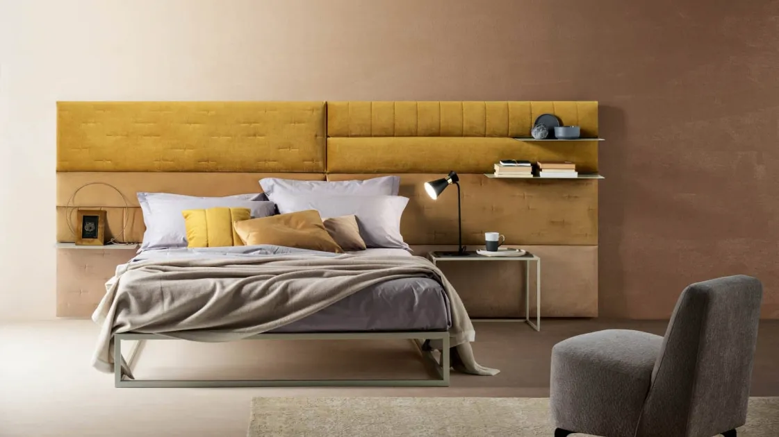 Bed with important headboard in fabric Wall Panels by Bside.