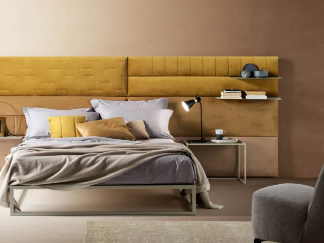 Bed with important headboard in fabric Wall Panels by Bside.