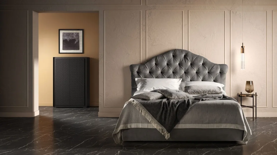 Wooden bed frame with quilted fabric and shaped headboard Queen by Bside.