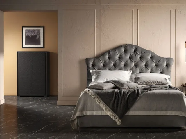 Wooden bed frame with quilted fabric and shaped headboard Queen by Bside.