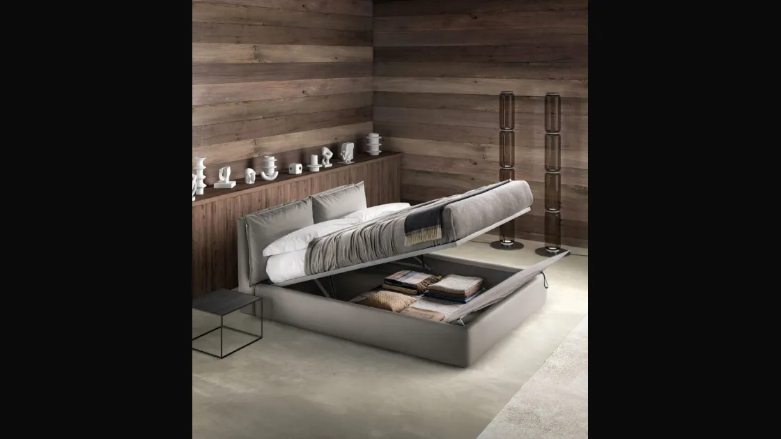 Upholstered fabric bed with adjustable headboard and Quiet storage box by Bside.