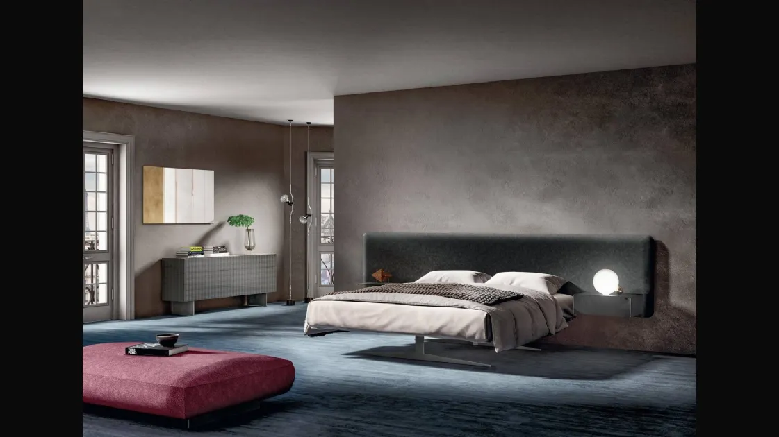Steel bed 1747 with upholstered velvet headboard by Lago