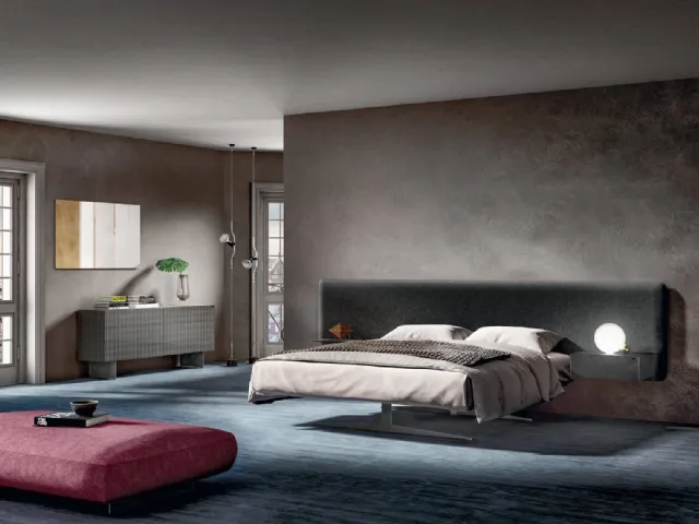 Steel bed 1747 with upholstered velvet headboard by Lago