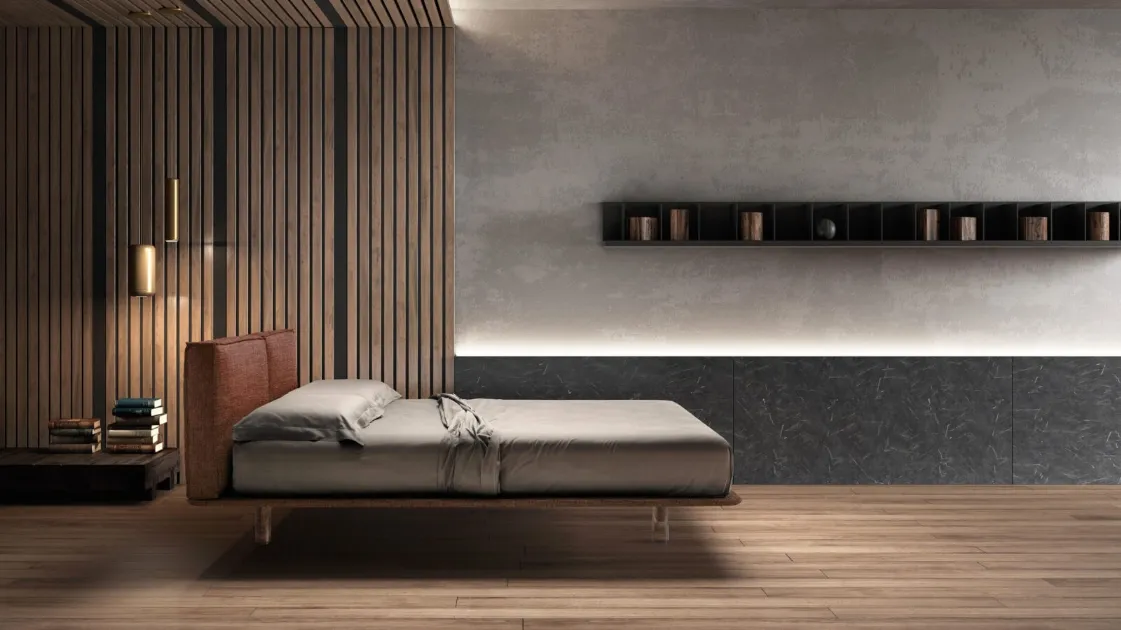 Fabric bed with padded headboard and transparent Stylish feet by Bside.