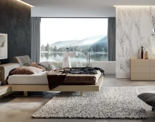 Bed with reclining padded headboard in eco-leather and structure in lacquered Hazelnut Ash Venus by Veneran.