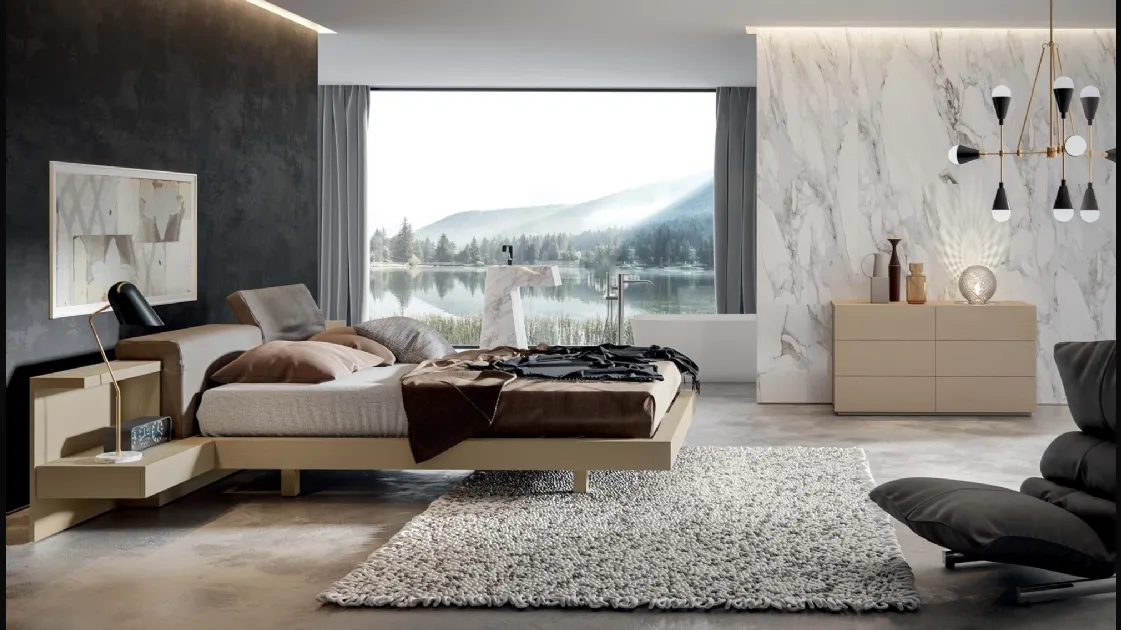 Bed with reclining padded headboard in eco-leather and structure in lacquered Hazelnut Ash Venus by Veneran.