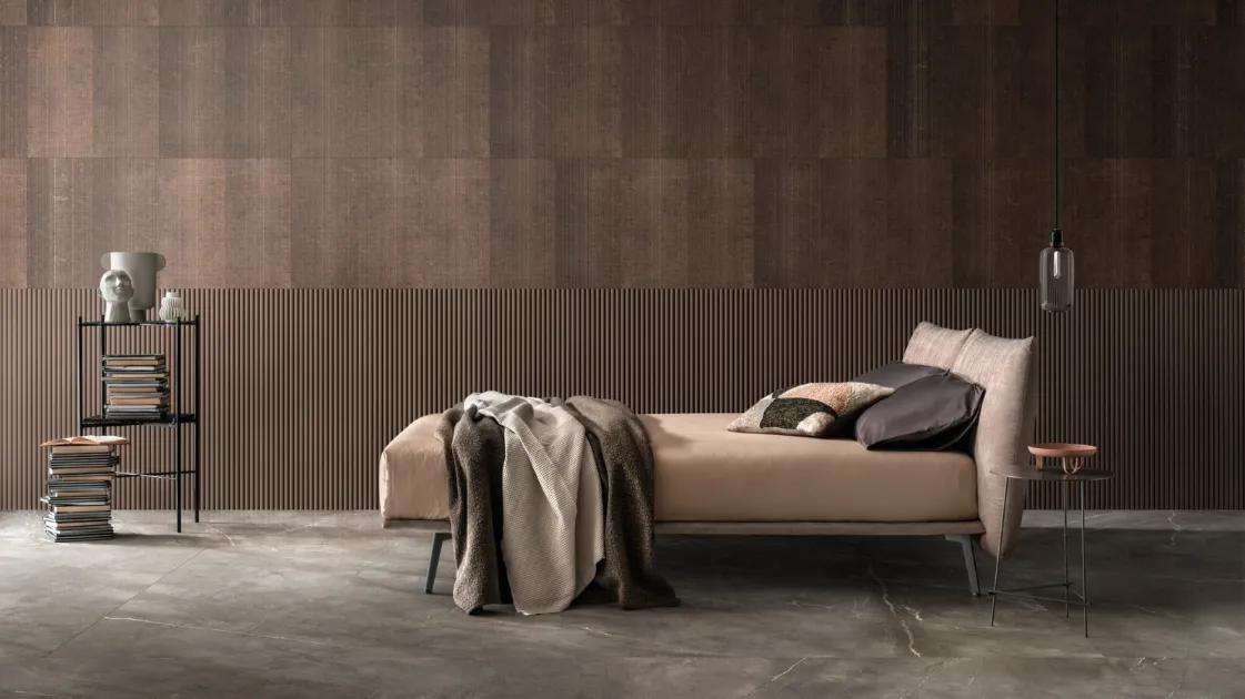 Double bed in fabric with Warp headboard by Bside.