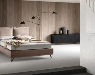 Upholstered double bed with adjustable headboard and Wisp storage box by Bside.