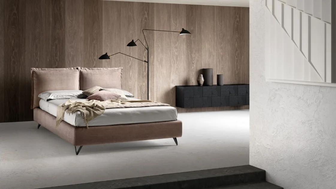Upholstered double bed with adjustable headboard and Wisp storage box by Bside.