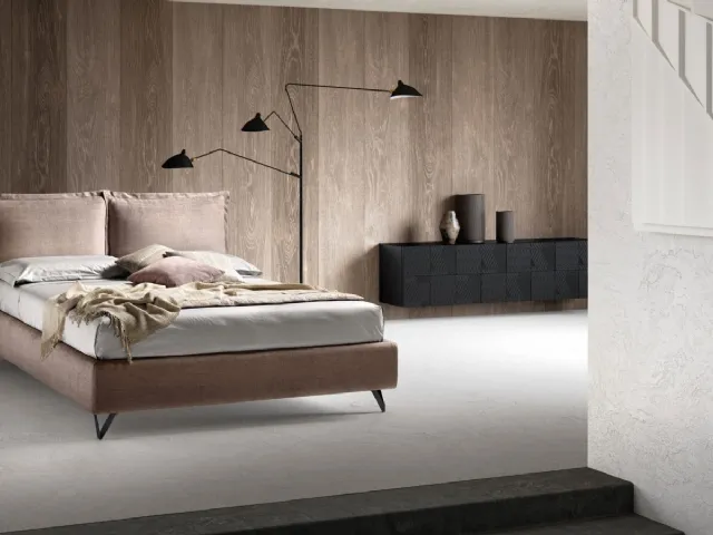 Upholstered double bed with adjustable headboard and Wisp storage box by Bside.