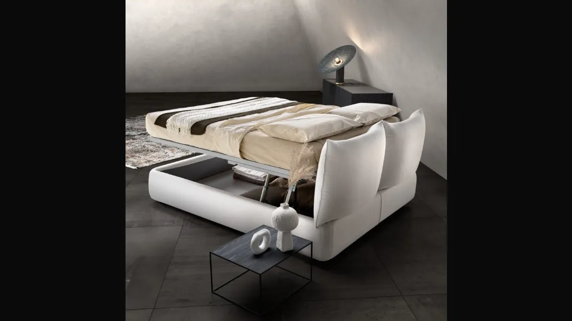 Upholstered fabric bed with headboard and Zen storage box by Bside.