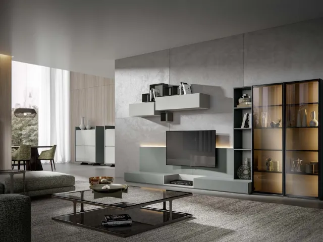 Wall unit Module 04 in Smoked and Ash Matte lacquer with Veneran display cases.