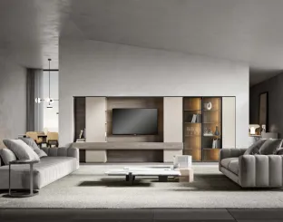 Equipped wall unit in weathered grey ash and matte lacquered with Veneran glass cabinets.