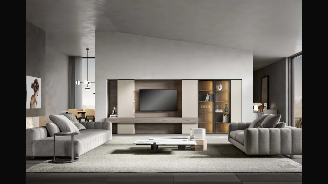 Equipped wall unit in weathered grey ash and matte lacquered with Veneran glass cabinets.