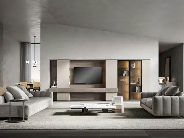 Equipped wall unit in weathered grey ash and matte lacquered with Veneran glass cabinets.
