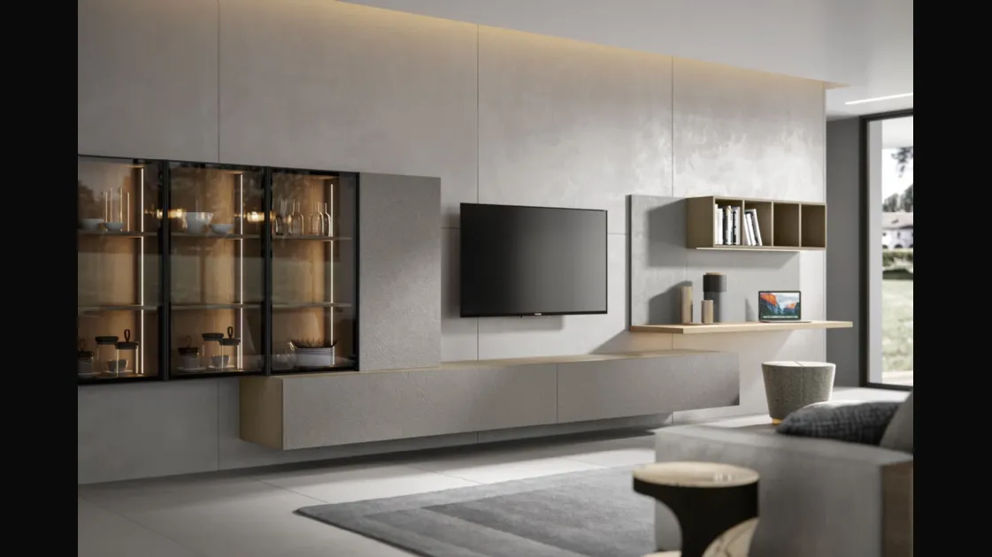 Wall unit Module 08 with Cement Resin finish and Matte Mud lacquer by Veneran