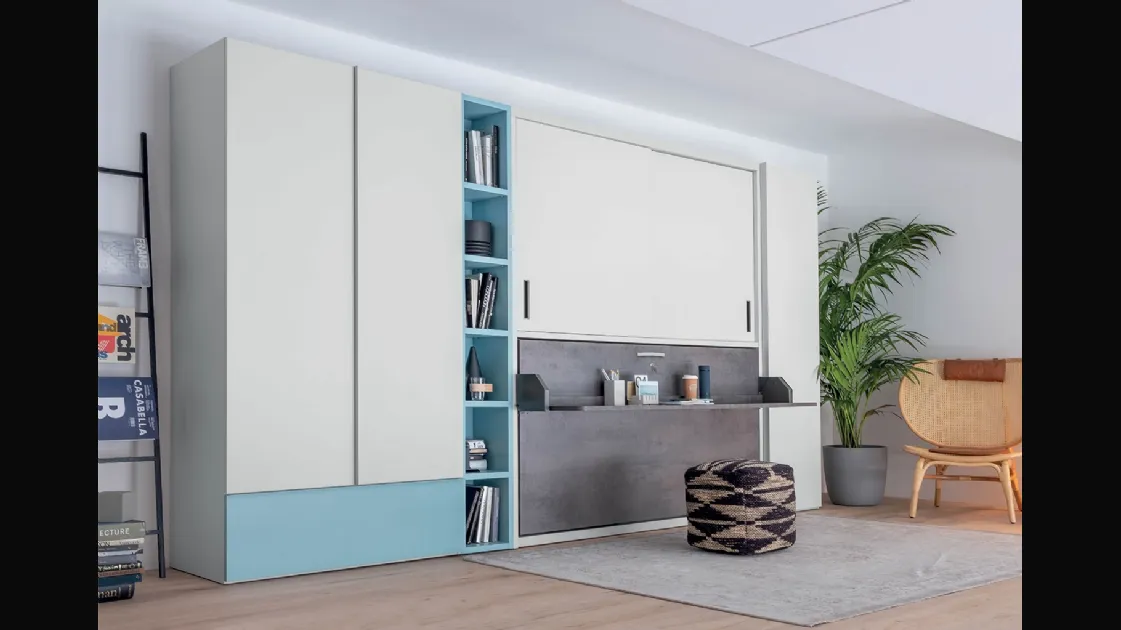 Single pull-out bed closed with integrated desk in matte lacquered Hiro wardrobe by Clever.