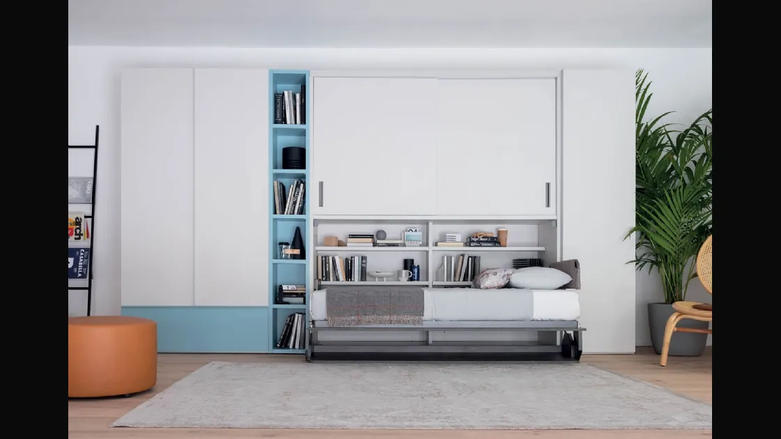 Single wall bed open with integrated desk in matte lacquer Hiro wardrobe by Clever
