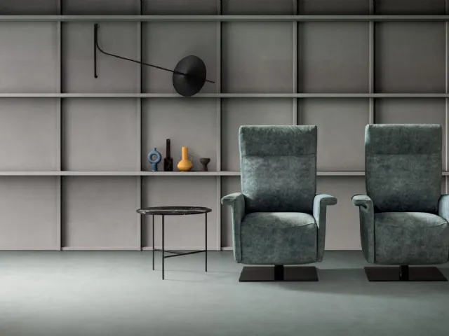 Fabric armchair Fluf Relax by Samoa with reclining backrest and footrest.