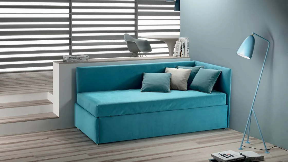 Single bed in fabric upholstered Twice High Corner by Bside.