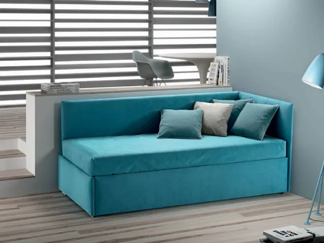 Single bed in fabric upholstered Twice High Corner by Bside.