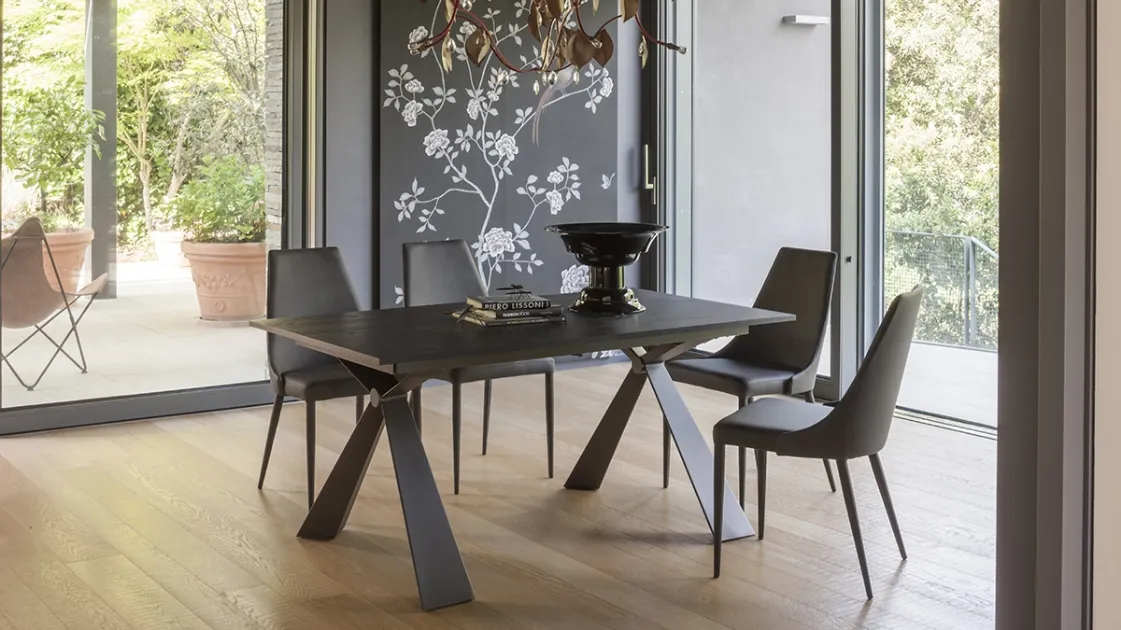 Extendable Delta table with black Oak laminate top and Altacom metal structure.