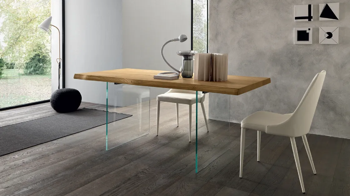 Rectangular Meridiano table by Altacon with wooden top and glass legs.