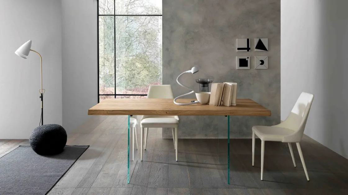 Rectangular Meridiano table by Altacon with a wooden top and glass legs.