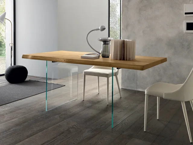 Rectangular Meridiano table by Altacon with wooden top and glass legs.