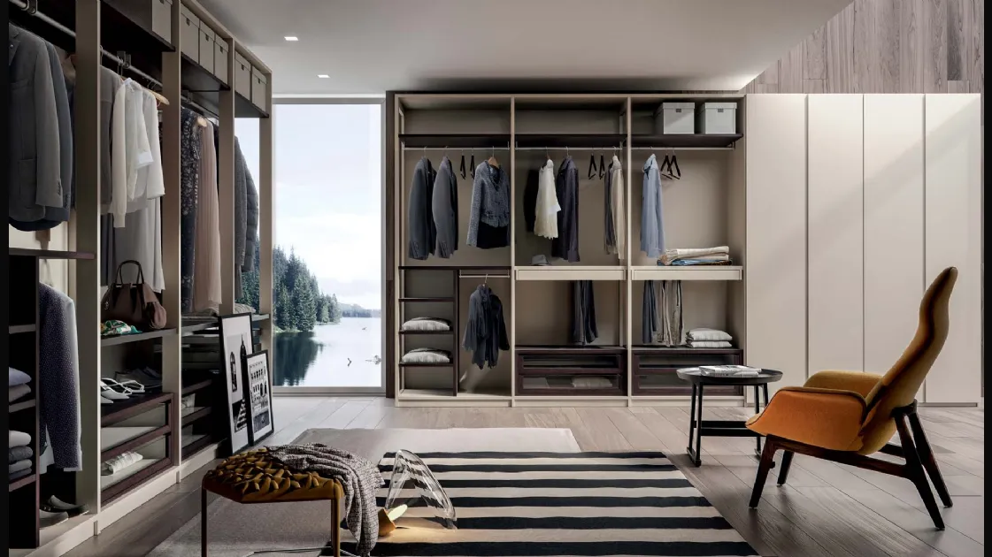 Walk-in closet Wall Domino 09 in matte lacquered rope color with shelves and drawers in smoked oak by Veneran.