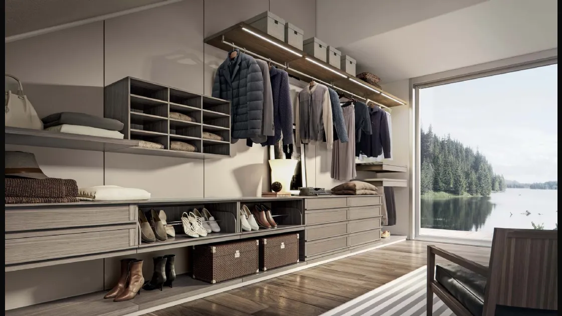 Wall walk-in closet in ash oak and matte rope lacquered by Veneran.