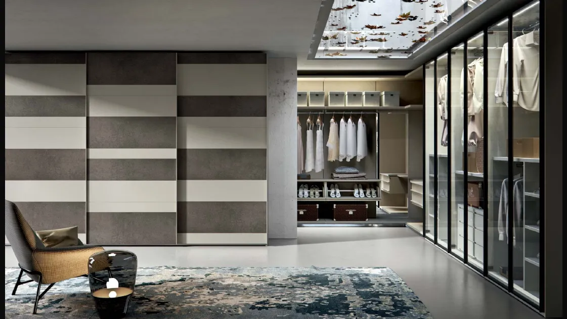 Wardrobe with Horizon sliding doors in matte lacquered cord and Veneran slate resin.