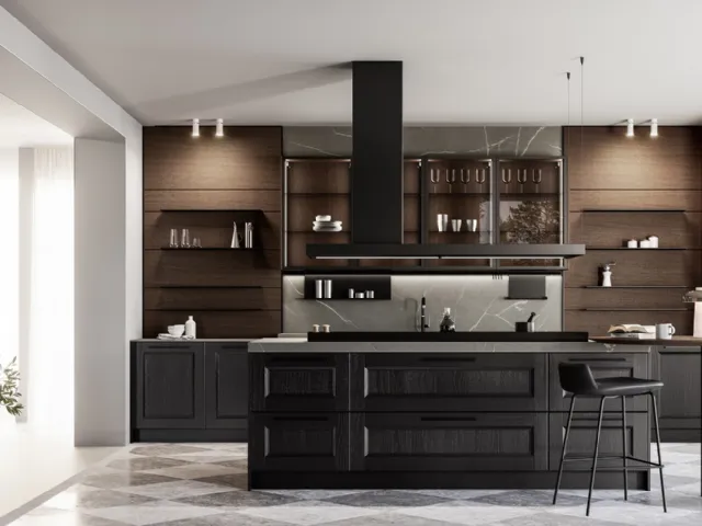 Classic kitchen with Gioiosa 02 island in black lacquer and walnut by Arredo3.