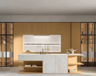 Design Kitchen with Island Impronta 02 Desco in Oak and Gres by Doimo Cucine