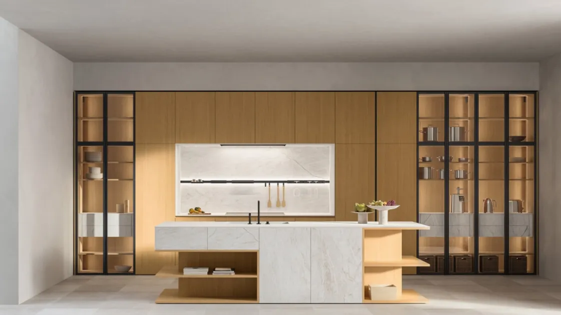 Design Kitchen with Island Impronta 02 Desco in Oak and Gres by Doimo Cucine