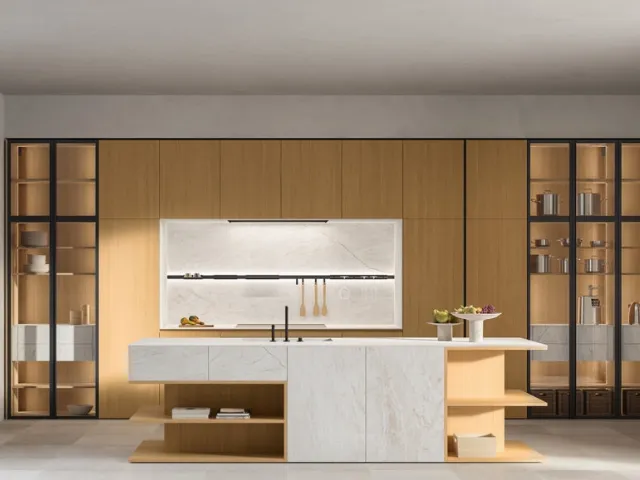 Design Kitchen with Island Impronta 02 Desco in Oak and Gres by Doimo Cucine
