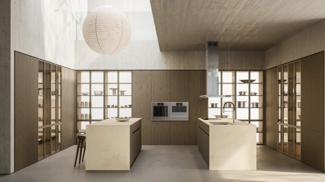 Design Kitchen with Double Island Impronta 04 Forged in Oak and Marble by Doimo Cucine