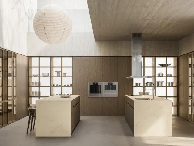 Design Kitchen with Double Island Impronta 04 Forged in Oak and Marble by Doimo Cucine
