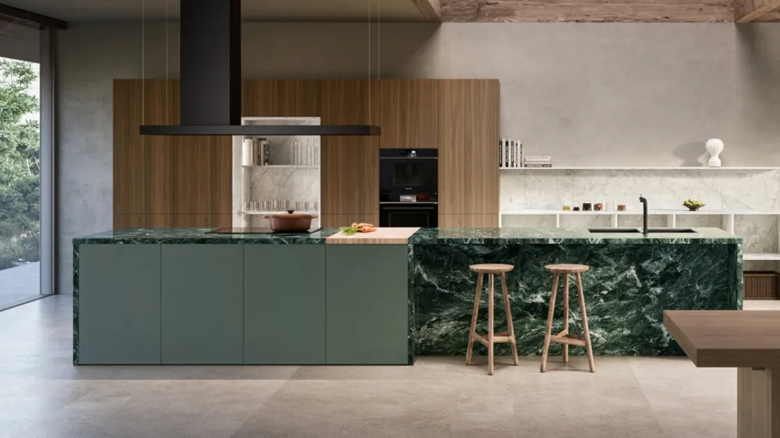 Design Kitchen with Impronta 05 Rima island in wood, Fenix and Gres by Doimo Cucine