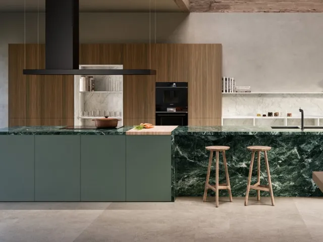 Design Kitchen with Impronta 05 Rima island in wood, Fenix and Gres by Doimo Cucine