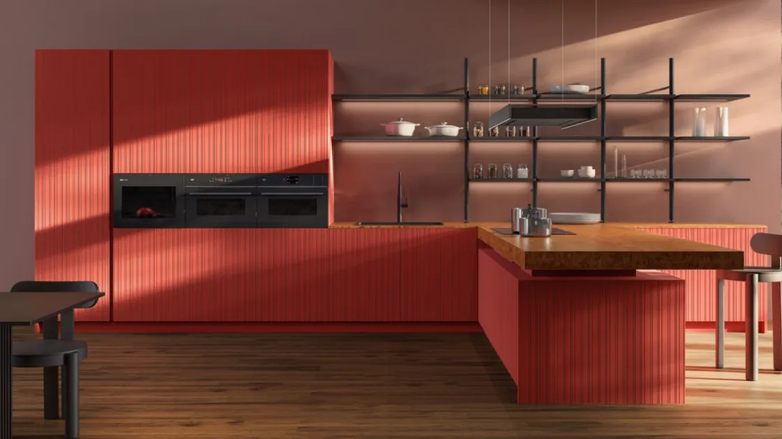 Design Kitchen with Peninsula Impronta 06 Incontro in lacquered finish and marble by Doimo Cucine