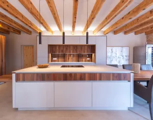 Modern Kitchen with All-Around Island D23 Walnut and Gray by Doimo Cucine