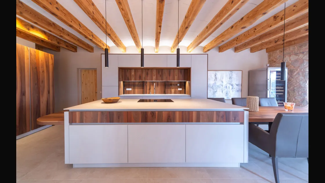 Modern Kitchen with All-Around Island D23 Walnut and Gray by Doimo Cucine