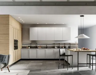 Modern kitchen with Alma 01 peninsula in PET and laminate by Arredo3.