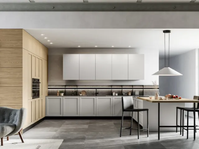 Modern kitchen with Alma 01 peninsula in PET and laminate by Arredo3.