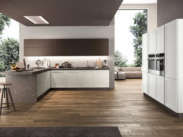 Modern Frame corner kitchen with Ash bases and Marble effect laminate top by Arredo3