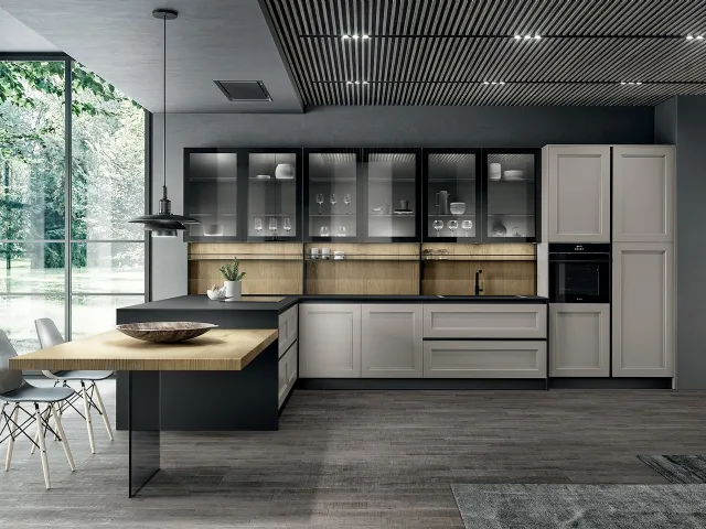 Modern corner kitchen with peninsula in Nebbia matt lacquer, blond oak laminate, smoked glass and top in Fenix Nero Meg by Arredo3