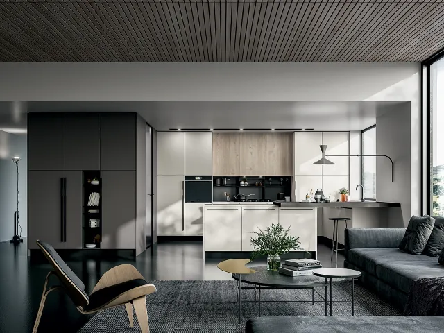 Modern Round corner kitchen with peninsula in White Silk and Rock laminate with Quartz top by Arredo3