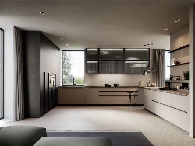 Modern corner kitchen Tratto 10 in recycled Pet, wood veneer boiserie and glass and aluminum wall units by Arredo3