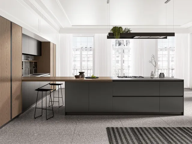 Modern corner kitchen in oxidized metallic lacquer with peninsula and columns in Safari Time Oak laminate by Arredo3